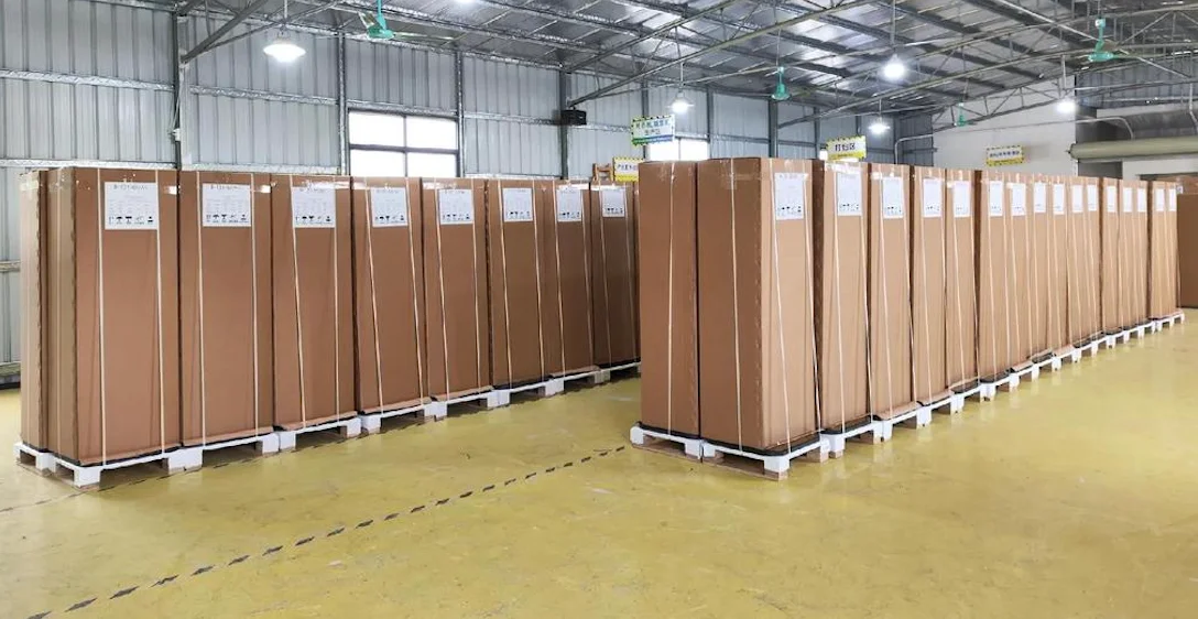 Factory warehouse - packed machines ready for shipment